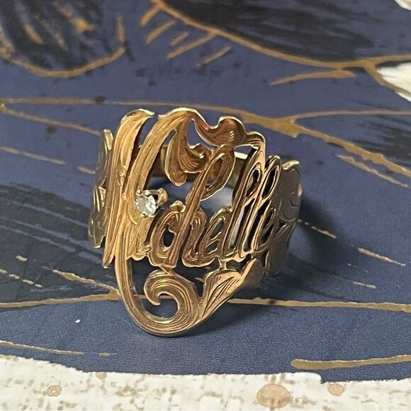 Estate 10k Gold and Diamond Large Personalized MICHELLE Name Ring D2 - Picture 6 of 9